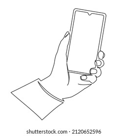 continuous line drawing of hand holding smartphone, single line mobile phone in hand vector illustration