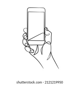 Continuous line drawing of hand holding smart phone. Outline drawing of hand holding smart phone