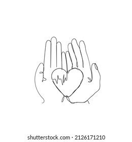 continuous line drawing hand holding heart with pulse illustration icon isolated