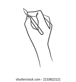 Continuous line drawing of hand holding pen and writing or drawing. Hand holding pen one line art