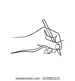 Continuous line drawing of hand holding pen and writing or drawing. Hand holding pen one line art