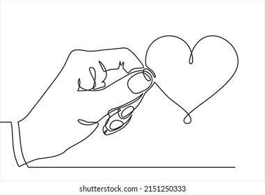 continuous line drawing of hand holding heart. Can used for logo, emblem, slide show and banner. Illustration with quote template. One line vector illustration. Order a banner for one line drawing.