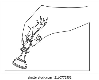 continuous line drawing of a hand holding a queen figure in a game of chess. strategy and game business concept. vector illustration