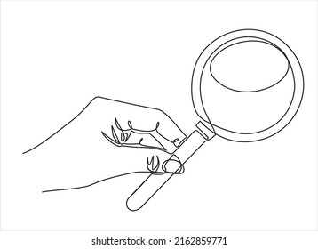 Continuous line drawing of hand holding magnifying glass . Vector illustration