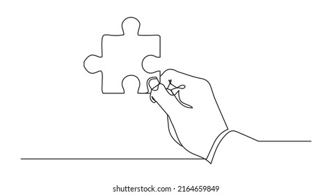 dibujo de línea continua de la mano sosteniendo la pieza del rompecabezas como solución.
