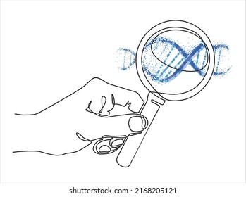 Dibujo de línea continua de la mano sosteniendo la lupa con el adn. Ilustración del vector