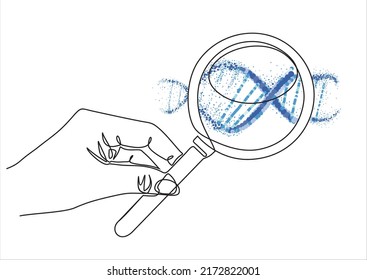 Continuous line drawing of hand holding magnifying glass with dna. Vector illustration