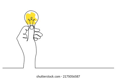 Continuous line drawing of hand holding electric light bulb. Environmental idea metaphor. Light bulb from business idea concept hand holding light bulb in doodle style. Vector illustrations