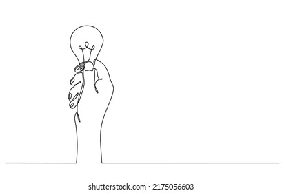Continuous line drawing of hand holding electric light bulb. Environmental idea metaphor. Light bulb from business idea concept hand holding light bulb in doodle style. Vector illustrations