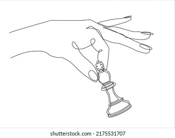 continuous line drawing of a hand holding a queen figure in a game of chess. strategy and game business concept. vector illustration
