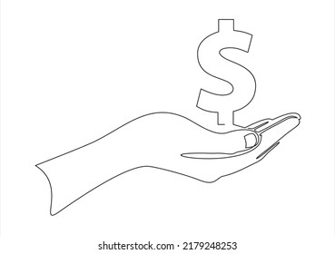 Continuous line drawing of hand holding a dollar sign. Vector illustration