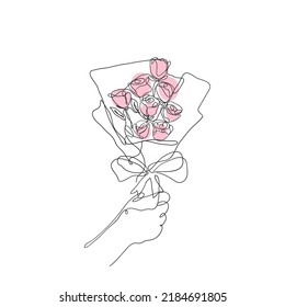 mano de dibujo de línea continua sosteniendo un ramo de flores ilustración