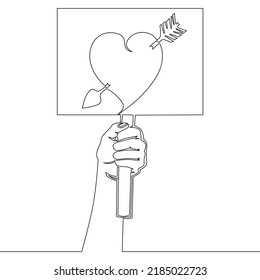 Continuous line drawing hand holding a sign with arrow heart valentines icon vector illustration concept
