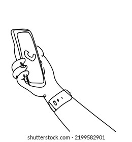 Eine durchgehende Linienzeichnung einer Hand, die eine Nachricht von einem Handy hält und öffnet. Konzept des Telefongeräts mit Einzelzeilenzeichnung, Vektorgrafik-Design