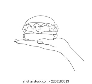 Durchlaufende Linienzeichnung der Hand Holding Hamburger Vektorgrafik. Hamburger on Hand Single Line Art Minimalismus Stil.
