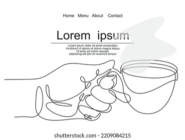 Continuous line drawing of the hand holding a cup of hot tea or coffee. Vector illustration.