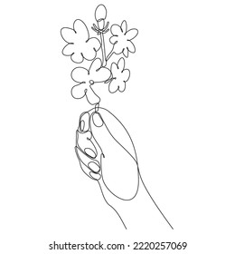 Continuous line drawing of hand holding flower. Woman's hand with flowers isolated on a white background. Give a sign of love to someone. Minimalist style. Vector sketch illustration