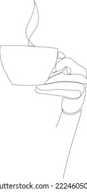 Continuous line drawing of the hand holding a cup of coffee.