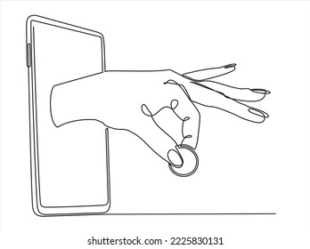 Línea continua de la mano sosteniendo moneda para donar o pagar algo en la pantalla del teléfono inteligente. Ilustración del vector