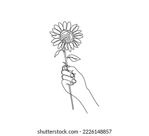 Continuous line drawing of hand holding sunflower. sunflower simple line art with active stroke.  Florist concept.