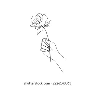 Continuous line drawing of hand holding rose. Beautiful rose flower simple line art with active stroke.