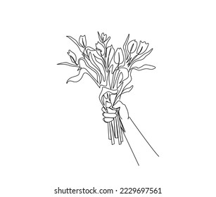 Continuous line drawing of hand holding bouquet of flowers. Hand holds peony tulips flower simple line art with active stroke.  Florist concept.