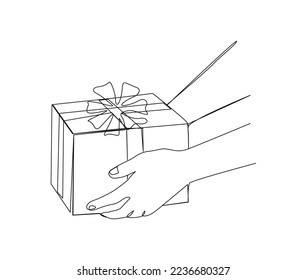 Continuous line drawing of hand holding present box.  Presents cardboard box with ribbon simple line art with active stroke.  Holiday, birthday and thanksgiving concept.