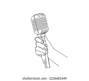 Continuous line drawing of hand holding vintage microphone. microphone simple line art with active stroke.  Vocalist, podcast, broadcast and music concept.