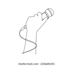 Continuous line drawing of hand holding microphone. microphone simple line art with active stroke.  Vocalist, podcast, broadcast and music concept.