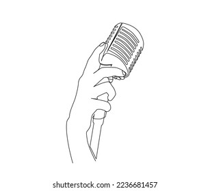 Continuous line drawing of hand holding vintage microphone. microphone simple line art with active stroke.  Vocalist, podcast, broadcast and music concept.
