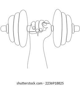 
Continuous line drawing of hand holding dumbbells. Line art of dumbbell equipment with active movement.