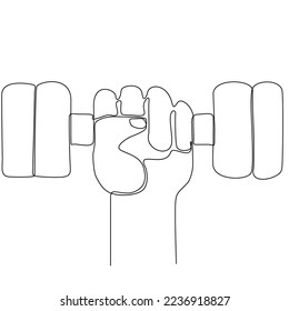 
Continuous line drawing of hand holding dumbbells. Line art of dumbbell equipment with active movement.