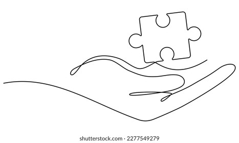 Continuous line drawing hand holding puzzle piece. Teamwork linear symbol. Vector illustration isolated on white.