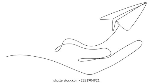 Continuous line drawing hand holding flying paper airplane. Vector illustration isolated on white.