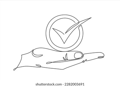 Continuous line drawing of hand holding check mark. Tick one line icon. 