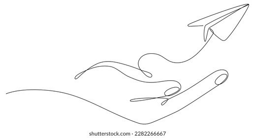Continuous line drawing hand holding flying paper airplane. Vector illustration isolated on white.