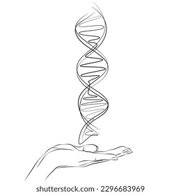 Dibujo continuo de línea de mano sosteniendo el ADN. Una sola línea dibuja el ADN helix. Estilo de armazón de polietileno bajo. Concepto biotecnología, ciencia, medicina. Innovación tecnológica en ingeniería genética. Vector gráfico.