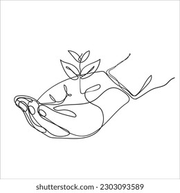 vector de ilustración de línea continua de mano sujetando la ilustración de planta de hoja