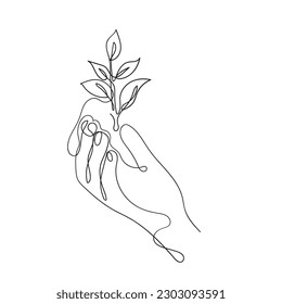 continuous line drawing hand holding leaf plant illustration vector