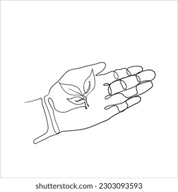 vector de ilustración de línea continua de mano sujetando la ilustración de planta de hoja