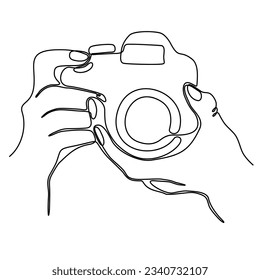 
continuous line drawing of a hand holding a photo camera making a picture