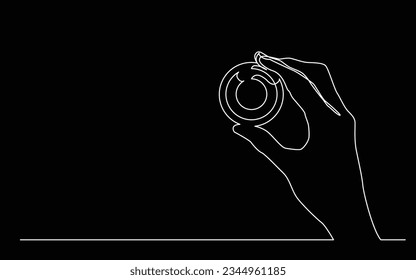 continuous line drawing of hand holding photographic camera lens