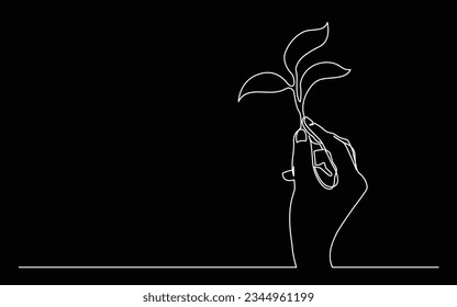 continuous line drawing of hand holding growing plant