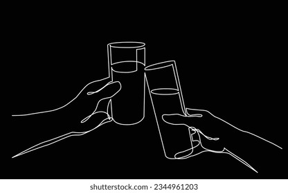 continuous line drawing of hand holding drinks toasting together