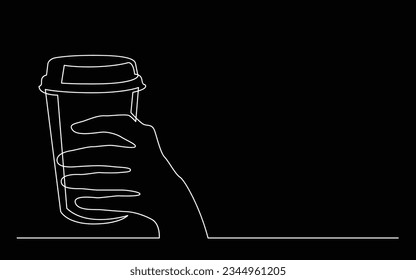 dibujo de línea continua sujetando la taza de café con tapa