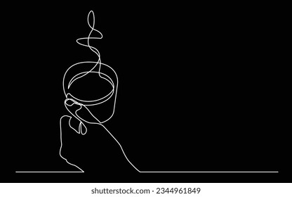 continuous line drawing of hand holding cup of hot coffee