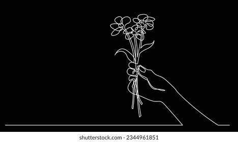 continuous line drawing of hand holding flower bouqet