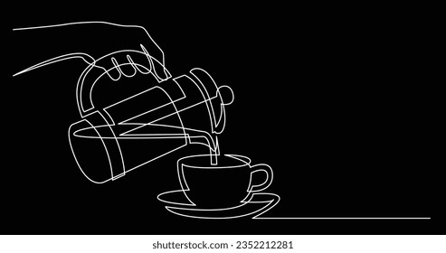 dibujo continuo de línea de mano sujetando la prensa francesa vertiendo café en una taza