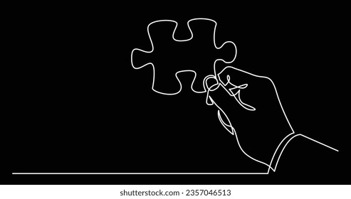 continuous line drawing of hand holding puzzle piece as a solution