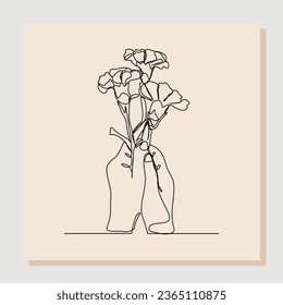 Durchlaufende Linienzeichnung einer Hand, die eine Bouquet-Blume hält. Hand-Frau mit einer Blume einzeln auf weißem Hintergrund. Gib ein Zeichen der Liebe für jemanden. Minimalismus. Vektorgrafik